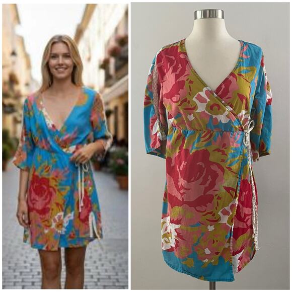 Anthropologie Porridge Floral Wrap Dress Women's M Colorful Tropical Resortwear - Picture 15 of 15
